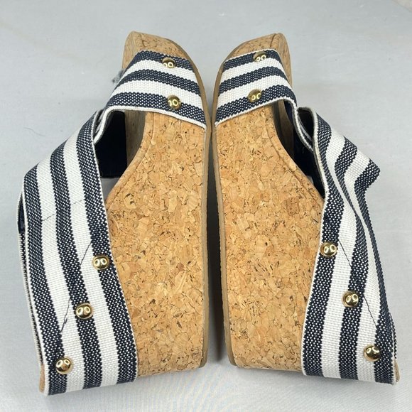 SHOEDAZZLE Womens 8 Abigail Wedge Sandals Black White Stripe Cork Platforms Cute - Picture 6 of 10
